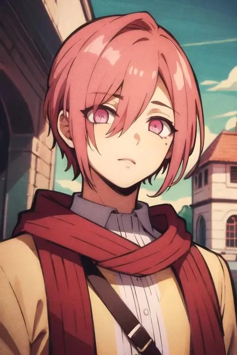 masterpiece, best quality, illustration, 1boy, solo, male focus, looking at viewer, upper body, , , realistic, <lora:sousuke_mitsuba:0.74>, sousuke_mitsuba, pink hair, pink eyes, , , medieval village,