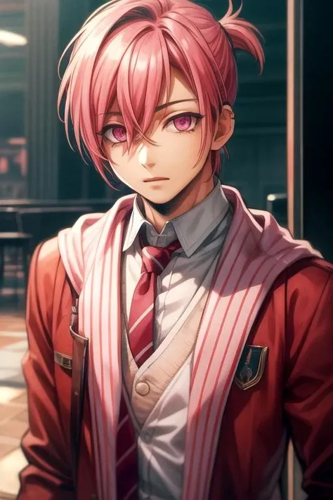 masterpiece, best quality, , 1boy, solo, male focus, looking at viewer, , , , realistic, <lora:sousuke_mitsuba:0.70>, sousuke_mitsuba, pink hair, pink eyes, businessman costume, time travel, High resolution