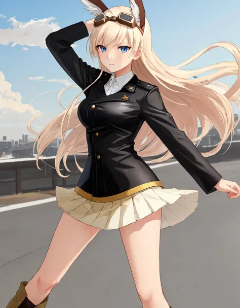 <lora:Hanna-10:1> Hanna, 1girl, solo, long hair, blonde hair , blue eyes , ahoge , military uniform , jacket , skirt , boots , goggles on head , goggles ,