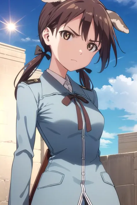 gertrudbarkhorn, <lora:gertrud barkhorn anime-lora-nochekaiser:1>,
gertrud barkhorn, brown hair, ribbon, animal ears, twintails, (brown eyes:1.5), hair ribbon, dog ears, dog girl, frown, angry,
BREAK uniform, military, military uniform,
BREAK outdoors, ship, ocean, sun, sky, clouds,
BREAK looking at viewer, (cowboy shot:1.5),
BREAK <lyco:GoodHands-beta2:1>, (masterpiece:1.2), best quality, high resolution, unity 8k wallpaper, (illustration:0.8), (beautiful detailed eyes:1.6), extremely detailed face, perfect lighting, extremely detailed CG, (perfect hands, perfect anatomy),