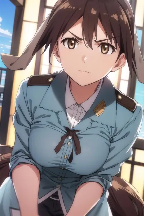 gertrudbarkhorn, <lora:gertrud barkhorn anime-lora-nochekaiser:1>,
gertrud barkhorn, brown hair, ribbon, animal ears, twintails, (brown eyes:1.5), hair ribbon, dog ears, dog girl, frown, angry,
BREAK uniform, military, military uniform,
BREAK outdoors, ship, ocean, sun, sky, clouds,
BREAK looking at viewer, (cowboy shot:1.5),
BREAK <lyco:GoodHands-beta2:1>, (masterpiece:1.2), best quality, high resolution, unity 8k wallpaper, (illustration:0.8), (beautiful detailed eyes:1.6), extremely detailed face, perfect lighting, extremely detailed CG, (perfect hands, perfect anatomy),