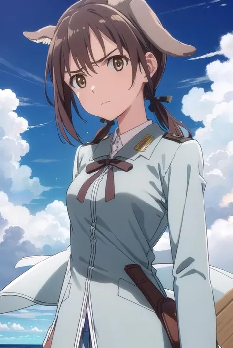 gertrudbarkhorn, <lora:gertrud barkhorn anime-lora-nochekaiser:1>,
gertrud barkhorn, brown hair, ribbon, animal ears, twintails, (brown eyes:1.5), hair ribbon, dog ears, dog girl, frown, angry,
BREAK uniform, military, military uniform,
BREAK outdoors, ship, ocean, sun, sky, clouds,
BREAK looking at viewer, (cowboy shot:1.5),
BREAK <lyco:GoodHands-beta2:1>, (masterpiece:1.2), best quality, high resolution, unity 8k wallpaper, (illustration:0.8), (beautiful detailed eyes:1.6), extremely detailed face, perfect lighting, extremely detailed CG, (perfect hands, perfect anatomy),
