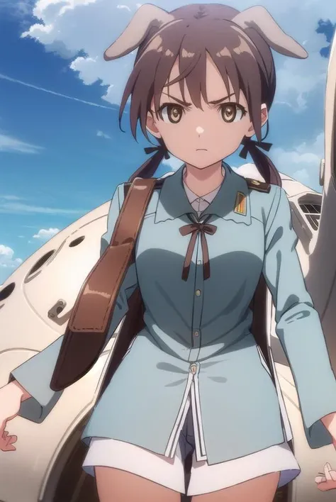 gertrudbarkhorn, <lora:gertrud barkhorn anime-lora-nochekaiser:1>,
gertrud barkhorn, brown hair, ribbon, animal ears, twintails, (brown eyes:1.5), hair ribbon, dog ears, dog girl, frown, angry,
BREAK uniform, military, military uniform,
BREAK outdoors, ship, ocean, sun, sky, clouds,
BREAK looking at viewer, (cowboy shot:1.5),
BREAK <lyco:GoodHands-beta2:1>, (masterpiece:1.2), best quality, high resolution, unity 8k wallpaper, (illustration:0.8), (beautiful detailed eyes:1.6), extremely detailed face, perfect lighting, extremely detailed CG, (perfect hands, perfect anatomy),