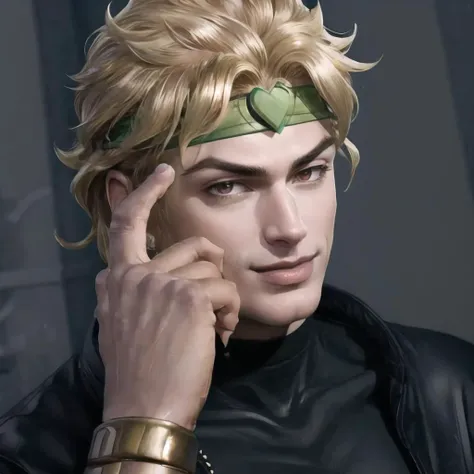 Highly detailed, High Quality, Masterpiece, beautiful, RollSafeMeme, <lora:RollSafeMeme:1>, 1boy, solo, upper body, dio, jacket, headband, <lora:Char_Sigmas_Dio:0.9>