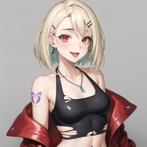 (masterpiece, best quality:1.2),illustration,absurdres,8k,hd,1girl,solo,upper body,(portrait:1.2),sr-2 (girls' frontline),bare shoulders,black legwear,black shorts,black tank top,blue belt,blue nails,boots,chain,collarbone,crop top,earrings,eye piercing,eyebrow piercing,eyebrows visible through hair,fangs out,hair ornament,hairclip,jacket pull,jewelry,light green hair,medium hair,nail polish,navel,necklace,open clothes,open jacket,red eyes,red footwear,red jacket,ring necklace,shoes,shoulder tattoo,small breasts,smile,tank top,tattoo,thighhighs,tongue out,tongue tattoo,torn clothes,torn legwear,torn shorts,torn tank top,<lora:Sr-2(gf):0.5>,