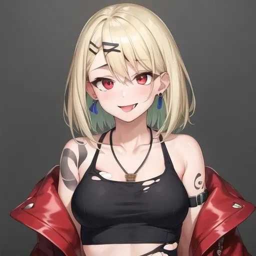 (masterpiece, best quality:1.2),illustration,absurdres,8k,hd,1girl,solo,cowboy shot,sr-2 (girls' frontline),bare shoulders,black legwear,black shorts,black tank top,blue belt,blue nails,boots,chain,collarbone,crop top,earrings,eye piercing,eyebrow piercing,eyebrows visible through hair,fangs out,hair ornament,hairclip,jacket pull,jewelry,light green hair,medium hair,nail polish,navel,necklace,open clothes,open jacket,red eyes,red footwear,red jacket,ring necklace,shoes,shoulder tattoo,small breasts,smile,tank top,tattoo,thighhighs,tongue out,tongue tattoo,torn clothes,torn legwear,torn shorts,torn tank top,<lora:Sr-2(gf):0.5>,