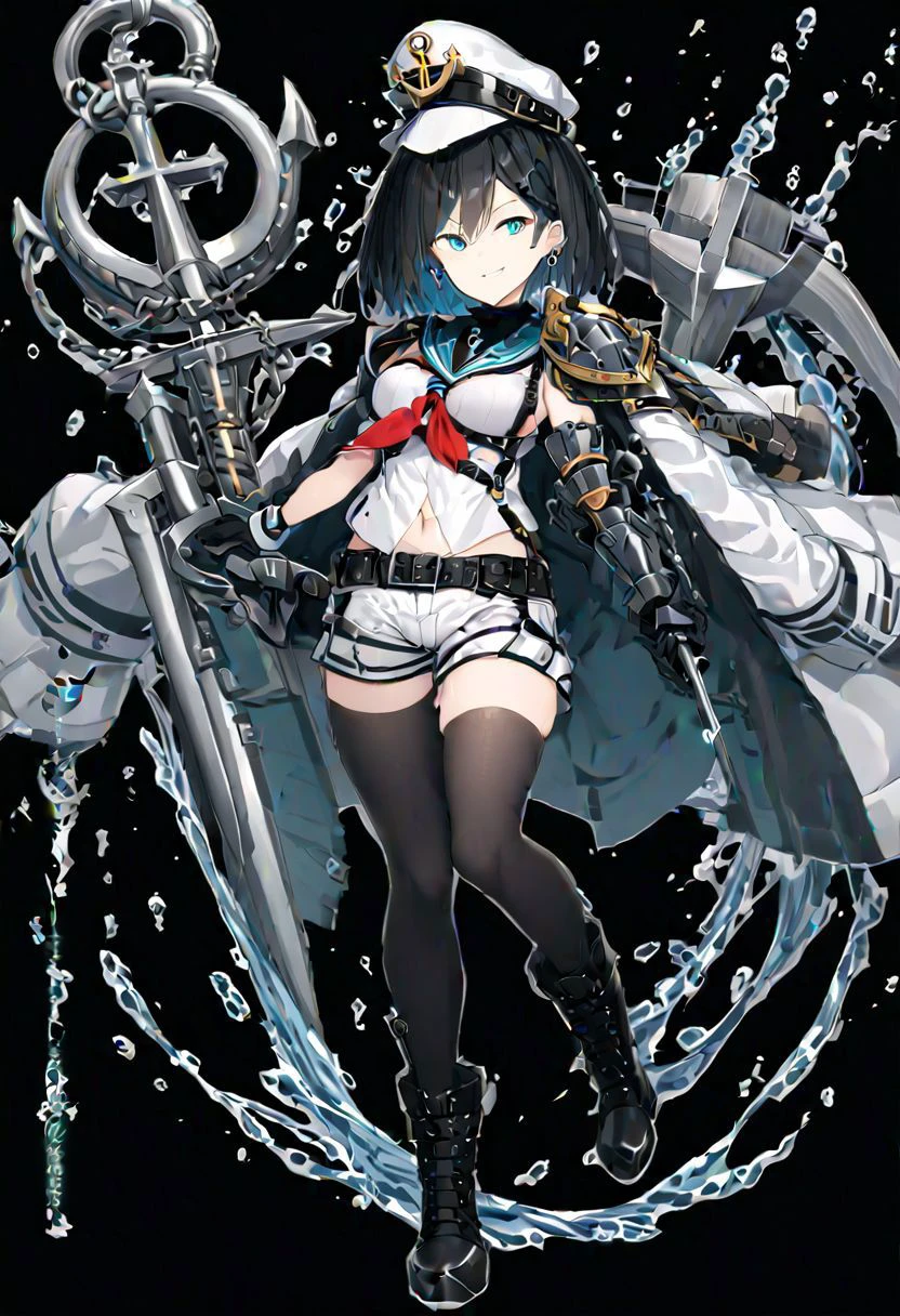 masterpiece, best quality, ultra-detailed, beautiful, nai3, 1girl, solo, full_body, tachi-e,
murasa_minamitsu,
((anchor, holding_anchor, huge_big_anchor, fusion_of_anchor_and_sword, )):6,
1girl, hat, sailor, gren eyes, short hair, black hair, sailor collar, white shirt, sailor hat, shirt, sailor collar, peaked_cap, anchor_symbol, coat, black_coat, coat_on_shoulders, hair_between_eyes, eyebrows_visible_through_hair, parted_bangs, earrings, single_earring, smile, gloves, white_gloves, navel, groin, belt, black_belt, white shorts, socks, black_socks, boots, black_footwear, black_legwear, hishaku, hishaku_tied_on_belt, water, water_drop, bubble,
zack fair regular, buster_sword, weapon, sword, huge_weapon, holding_weapon, holding, holding_sword, anchor, holding_anchor, huge_big_anchor, fusion_of_anchor_and_sword,
aqua eyes, dark blue sleeveless turtleneck shirt, armor, shoulder pad armor, sleeveless turtleneck, brown suspenders, black suspenders, black gloves, big black belt, baggy black pants, stud earrings, multiple belts, jewelry, black metal boots,