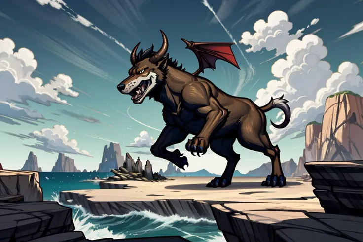 Make a top-notch, highly detailed illustration, charmed, minotaur, sphinx, werewolf, a rocky, windswept coast