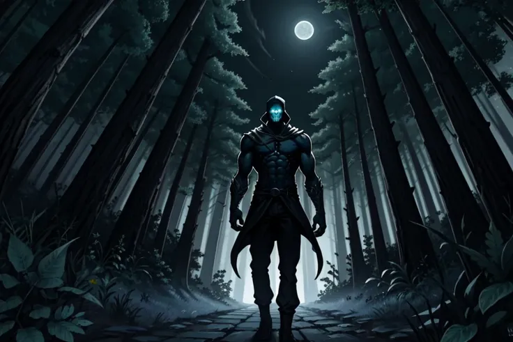 Generate a breathtaking, ultra-detailed work of art, uncanny, wraith, a moonlit path through a dark forest