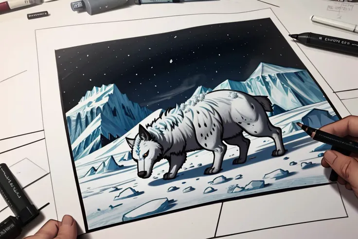 Create a magnificent, ultra-detailed illustration, fabled, chimera, an icy, snow-covered tundra