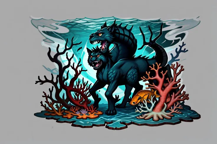 Create an incredible, best quality illustration, ghostly, manticore, phoenix, a colorful coral reef teeming with marine life