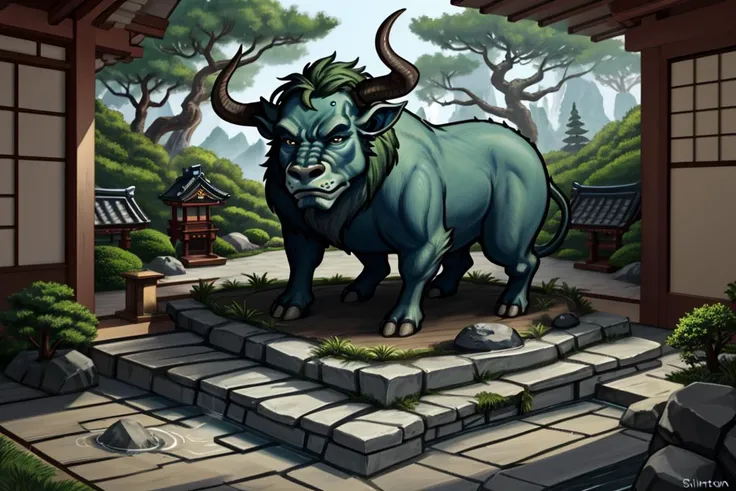 Build a stunning, highly detailed work of art, primeval, minotaur, troll, a tranquil Japanese Zen garden
