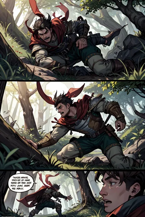 graphic novel from the year 2000,dynamic angle,best quality,masterpiece,intricate details,combat (2boy Skirmish in the medieval forest.),