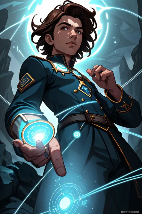 fantasy, (seen from below, looking down at viewer), on mountain peak outcropping, Hologram wizard casting powerful spell, young male with dark brown hair hazel eyes, wearing futuristic mage uniform, surrounded by swirling magical azure light streams, photorealistic, photorealism, greg rutkowski, trending on artstation, film, studio lighting, detailed skin, ultra realistic, bokeh, sharp features
