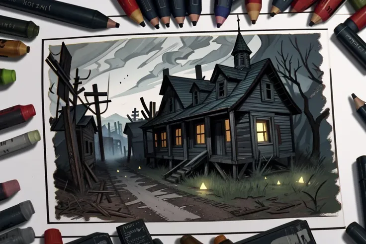 Masterpiece, best quality, ultra-detailed illustration, mysterious, griffin, an eerie, abandoned ghost town