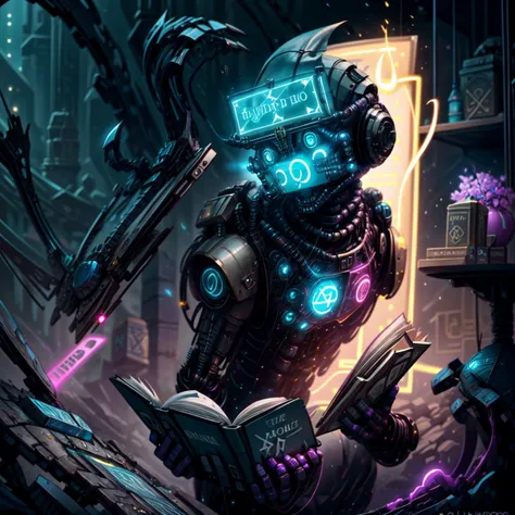 robot reading a book, <lora:GlowingRunesAIv4:0.6>, {GlowingRunesAI_red|GlowingRunesAI_paleblue|GlowingRunesAI_green|GlowingRunes_purple|GlowingRunes_yellow|GlowingRunes_pink}, glowing runes <hypernet:sxzBloom_sxzBloom:.9> <lora:more_details:1>
