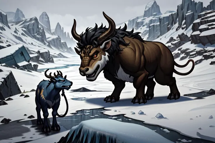 Create a magnificent, ultra-detailed illustration, uncanny, chimera, griffin, minotaur, an icy, snow-covered tundra