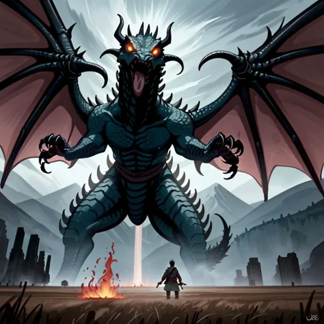 Climactic scene, a samurai with his katana standing in a field facing a distant giant dragon creature with a demonic face, glowing eyes, two outstretched wings, scaled muscular arms sharp claws, ready to start fight, intense scene, fire and air flows, 8k ultrafine detail, attack on titan style, masterpiece, cinematic,(size difference),