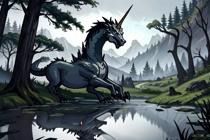 Build a top-notch, highly detailed masterpiece, supernatural, hippogriff, dragon, unicorn, a calm, reflective pond surrounded by trees