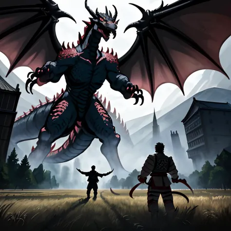 Climactic scene, a samurai with his katana standing in a field facing a distant giant dragon creature with a demonic face, glowing eyes, two outstretched wings, scaled muscular arms sharp claws, ready to start fight, intense scene, fire and air flows, 8k ultrafine detail, attack on titan style, masterpiece, cinematic,(size difference),