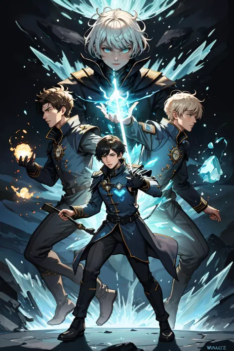 3man, combat pose, full-body, elemental mages, wearing futuristic mage uniform, short hair, casting elemental magic, surrounded by elemental energy, special effects, waning light, hyperdetailed, accurate proportionate, realistic,