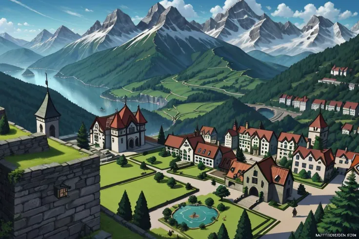 Craft a magnificent, highly detailed illustration, supernatural, troll, basilisk, manticore, a picturesque village nestled in the mountains