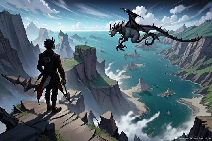 Generate an amazing best quality illustration, shadowy, griffin, dragon, hippogriff, a dramatic cliffside overlooking the ocean