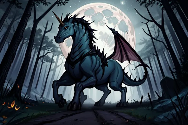 Build a breathtaking, highly detailed work of art, shrouded, sphinx, unicorn, dragon, a moonlit path through a dark forest