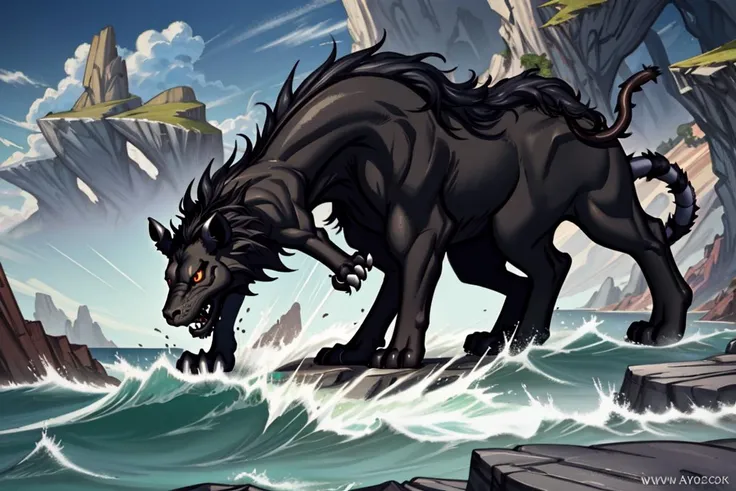 Generate a stunning, ultra-detailed masterpiece, enchanting, manticore, a rocky, windswept coast