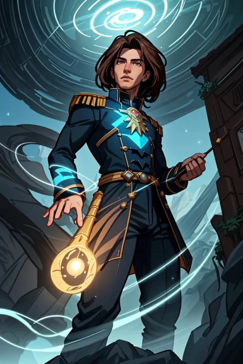 fantasy, (seen from below, looking down at viewer), on mountain peak outcropping, Hologram wizard casting powerful spell, young male with dark brown hair hazel eyes, wearing futuristic mage uniform, surrounded by swirling magical azure light streams, photorealistic, photorealism, greg rutkowski, trending on artstation, film, studio lighting, detailed skin, ultra realistic, bokeh, sharp features