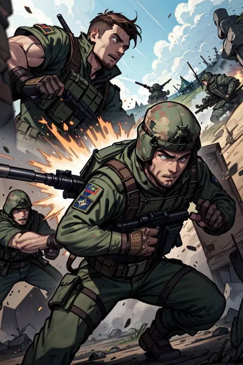 graphic novel from the year 2000,dynamic angle,best quality,masterpiece,intricate details,combat (2boy Soldiers ambushing enemy camp.),