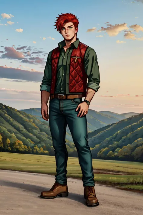20yo man, red hair, green eyes, stubble, freckles, full body, redneck, Appalachian,