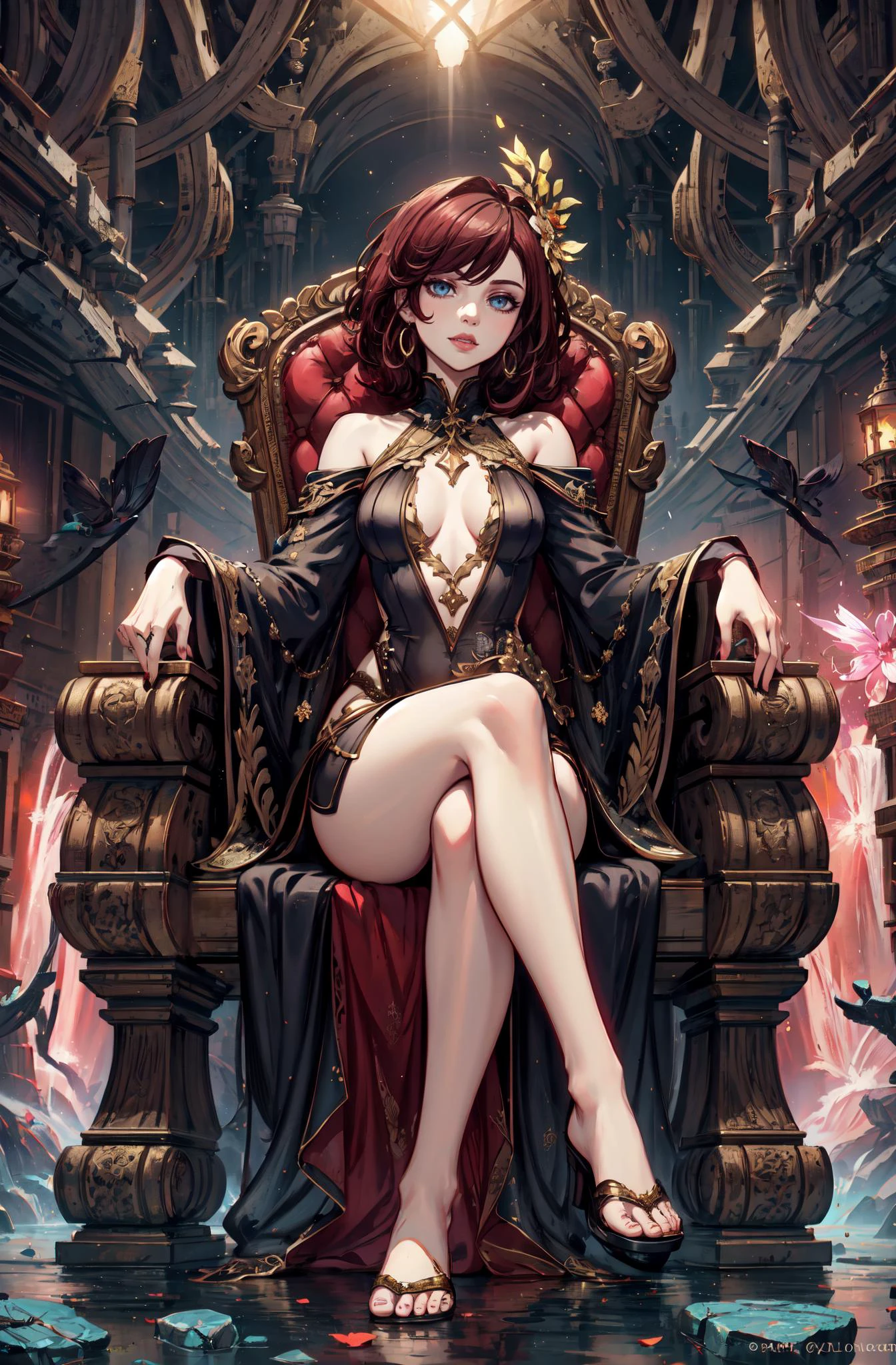 (1girl:1.10) Wizard casting spell formations in the air, Dance gown, soft slippers, and hair ornaments, Sensation, Tall, Slim, Diamond-Shaped Face, Olive Skin, Auburn Hair, light blue Eyes, Straight Nose, Thin Lips, Receding Chin, Shoulder-Length Hair, Coarse Hair, Shaggy Cut, natural breasts, Dangle earrings, magenta stain lipstick, A dark, foreboding swamp, filled with twisted, gnarled trees and dangerous creatures, zzzhotify,(beautiful eyes:1), (solo focus:1.10), , Sitting down with legs crossed, happy, , (flat color),(colorful),(masterpiece), best quality, original, extremely detailed wallpaper, highly detailed, extremely detailed,Cinematic Lighting,sparks, lensflare, rim lighting, backlighting,Chromatic Aberration, RTX, Post Processing, <lora:uv:0.5>,<lora:1epi_noiseoffset2:0.65>,<lora:LORA-XenoDetailer-v2:0.25>,<lora:EnhancedDetail:2>,<lora:hikari:0.2>