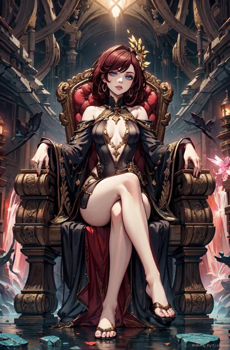 In the dark castle throne room on the huge royal throne in seductive pose siting beatiful demon queen, She have beautiful face with pink eyes rakr eye shadows and dark lipstick sexy make up, golden ring shape earrings on her ponty ears. she have long gorgeous bloody red hair.. dressed in majestic sexy black royal robe with golden metal parts, also she have tattoo all over her body her hands have lonf beautiful nails, (ultra high quality fantasy art, ghothic dark fantasy style, masterpiece, ultra high quality character design, 8k quality anime art, realistic anime art, top quality wallpaper illustration, detailed ultra high quality accurate face, high quality design and accurate physic)