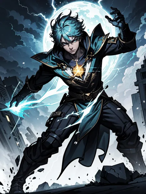 absurdres, highres, ultra detailed, masterpiece, 4k wallpaper, (vibrant colors), (dynamic lighting), 1boy, (action shot), (wizard), ((blasting lighting)), lightning mage, thunder, (magical aura)