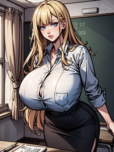 absurdres, highres, ultra detailed, masterpiece, 4k wallpaper, (vibrant colors), (dynamic lighting), 1girl, (mature woman), (long blonde hair, bangs) (school teacher), classroom, (buttoned shirt), (pencil skirt), ((gigantic breasts))