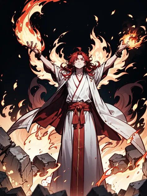 absurdres, highres, ultra detailed, masterpiece, 4k wallpaper, (dynamic lighting), (1boy), (humanoid), (fire god), (arms outstretched), surrounded by fire, (long red hair), (wearing a flowing robe), ((body made of fire)), (burning)