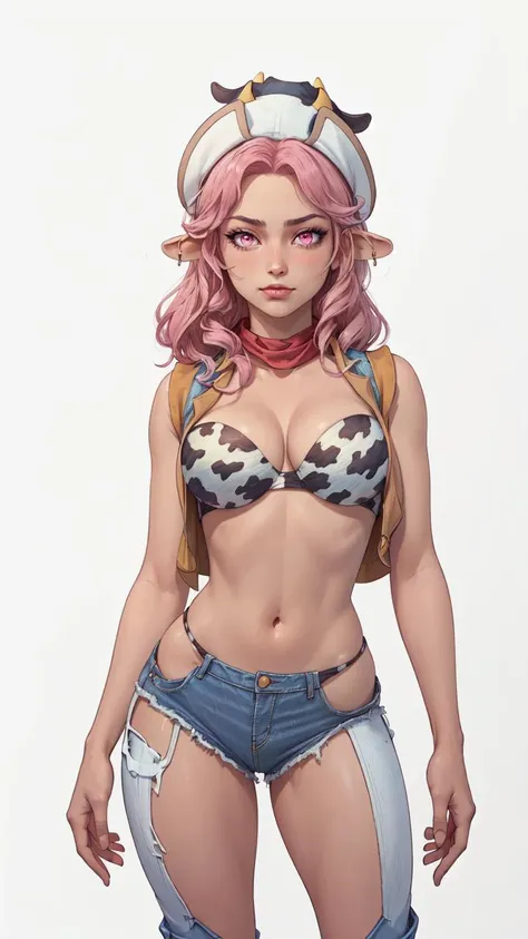 (1girl, solo, masterpiece, 4k, best quality:1.2, (cowboy shot), best quality:1.2, NICE HANDS, COLORFUL, (perfect hands, perfect anatomy)),
moo-tan, cow girl, hat, neckkerchief, vest, tube top, cleavage, cow print, denim shorts, short shorts, chaps, cow tail, pink hair,
((small breasts, BIGC hips, looking at the viewer)), (((mature woman))),
((simple background, white background)), <lora:GoodHands-vanilla:1>