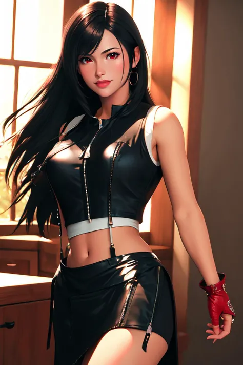 Highly detailed, High Quality, Masterpiece, beautiful, TifaAC, black vest, zipper, crop top, <lora:Tifa:1>, 1girl, solo, cowboy shot, light smile, arm behind back, red eyes