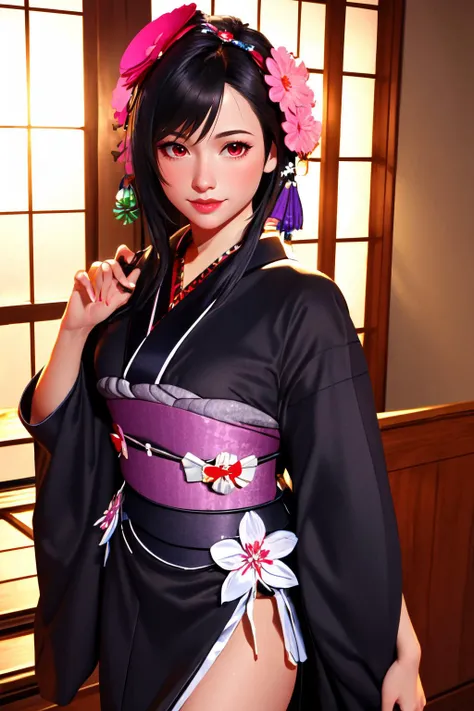 Highly detailed, High Quality, Masterpiece, beautiful, TifaEX, short kimono, hair ornament, <lora:Tifa:1>, 1girl, solo, cowboy shot, light smile, arm behind back, red eyes