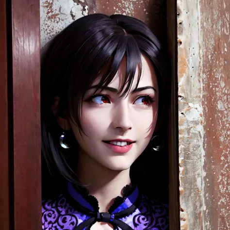 Highly detailed, High Quality, Masterpiece, beautiful, TifaRD, purple dress, <lora:Tifa:0.9>, 1girl, solo, red eyes, Johnny, broken wall, :d, face only, <lora:Pos_HereIsJohnny:0.9>