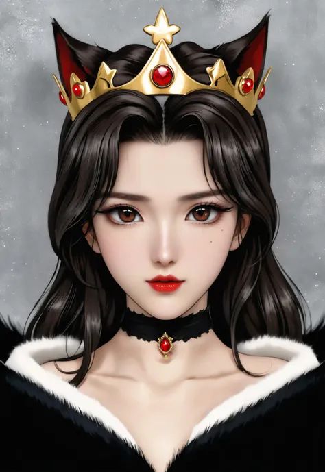 A photo of an Instagram model with dark brown hair, wearing a black choker necklace and crown on her head, red lips, winged eyeliner, huge lashes and sharp cat eye lines, pale skin, with glittery eyeshadow in the style of Korean makeup, kpop idol face, studio background, grey backdrop, posted to Snapchat in 2018 with minimal editing of the original text and removal of any Chinese characters.