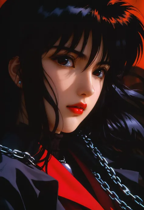 scene from (akira) [cute thick lips vampire macro shot, chrome chains all over ]. the image is illustrated in 1990s or 1980s anime style and captures that time's anime style well, like akira or ghost in the shell. the overall atmosphere of the image is gothic, melancholic and dark, with minimalistic aesthetics, high contrasted low light and dark shadows, and distorted tones