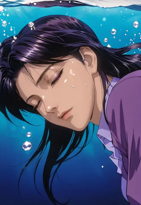 guy, black hair, blue eyes, under water, side view, purple shirt, air bubbles, half-closed eyes, wave light penetrates under water, eyelashes, anime style, straight lines, clean lines