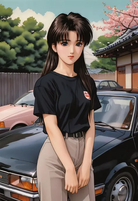 1990s anime girl wearing a black t-shirt with Japanese domestic market cars in the background, muted pastel colors.