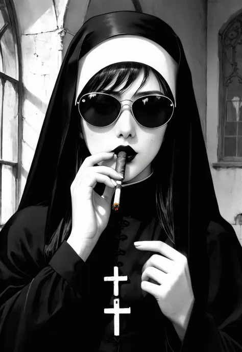 Italian film nun, chinese vintage sunglasses, cool model face, hold a cigarette in mouth, gothic black and white style, Lady Gaga, Kaete Butcher, deconstructive, film/ video, pastoral charm, anti - aesthetic, tightly cropped composition, deconstructed pop style, Gustave Moreau, exaggerated features