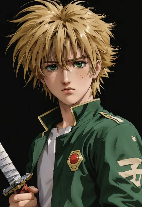 i want the whole image to be created in 3D anime style, solo, looking at viewer, short hair, bangs, blonde hair, 1boy, hair between eyes, closed mouth, green eyes, jacket, upper body, weapon, male focus, japanese clothes, sword, lips, black background, messy hair, portrait, freckles, realistic, haori, demon slayer uniform, triangle print