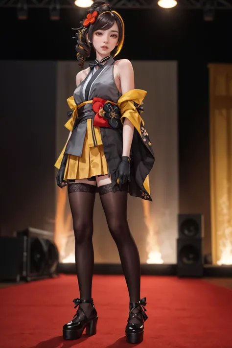 8K,highres,absurdres,masterpiece,best quality,original,extremely detailed CG,extremely detailed wallpaper,perfect lighting,<lyco:GoodHands-beta2:1>,1girl,blurry_background,looking_at_viewer,standing on the stage,
<lora:ChioriGenshinImpact:0.7>,ChioriGI,bangs,skirt,blonde hair,brown hair,black hair,hair ornament,red eyes,thighhighs,gloves,bare shoulders,standing,full body,flower,pantyhose,multicolored hair,pleated skirt,Japanese clothes,black gloves,black thighhighs,hair flower,kimono,black footwear,two-tone hair,streaked hair,black pantyhose,