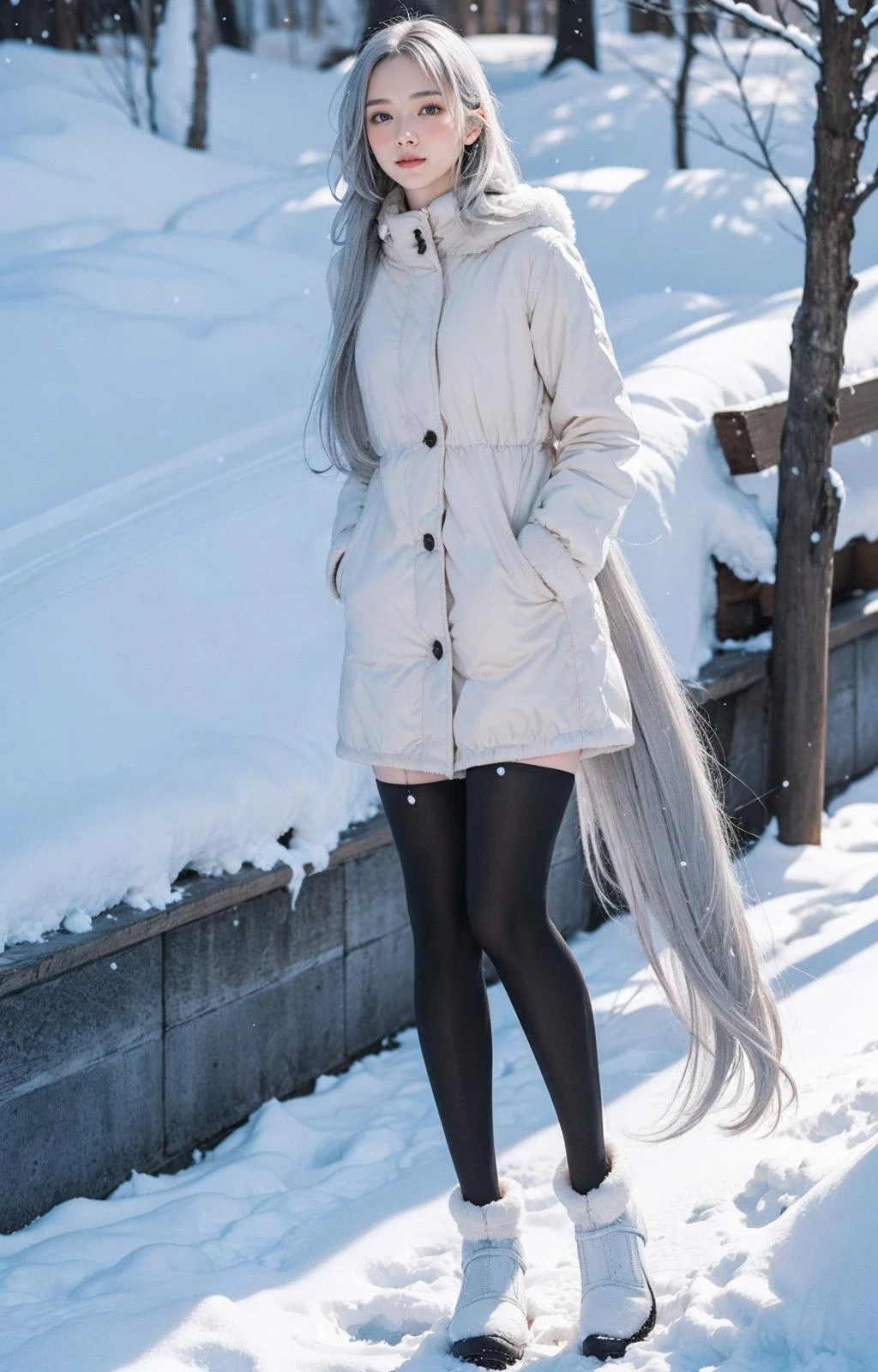 1gril,tall,standing,snow,(very long hair:1.5),silver hair,grow hair,cute, blush, snowfall,grow eyes,sun light,Dramatic lighting,Blur filter,(black stockings),full body,