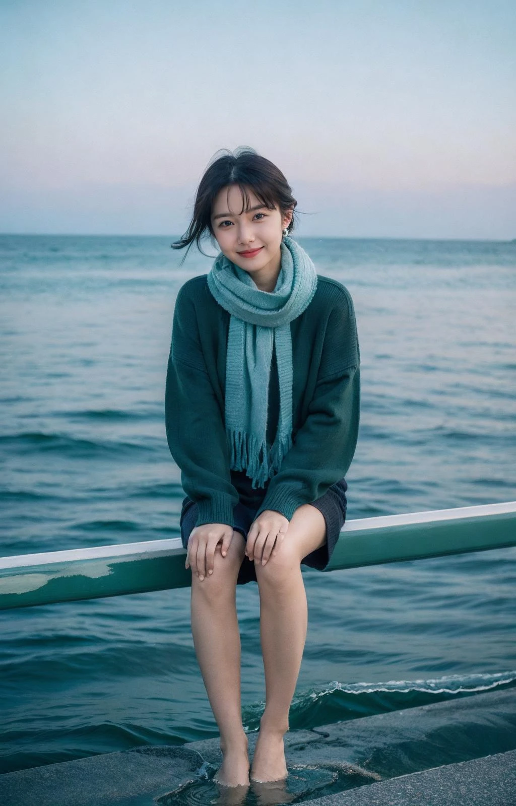 8K,raw,from below,1gril,solo,full body,long legs,sweater,Dark green scarf,sea,The glimmer of the sea,KODAK Ektar 100,(Film grain:1.2),light particles,looking at viewer, earrings